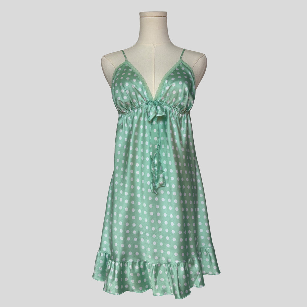 Silky polka dot ruffled slip in teal and white