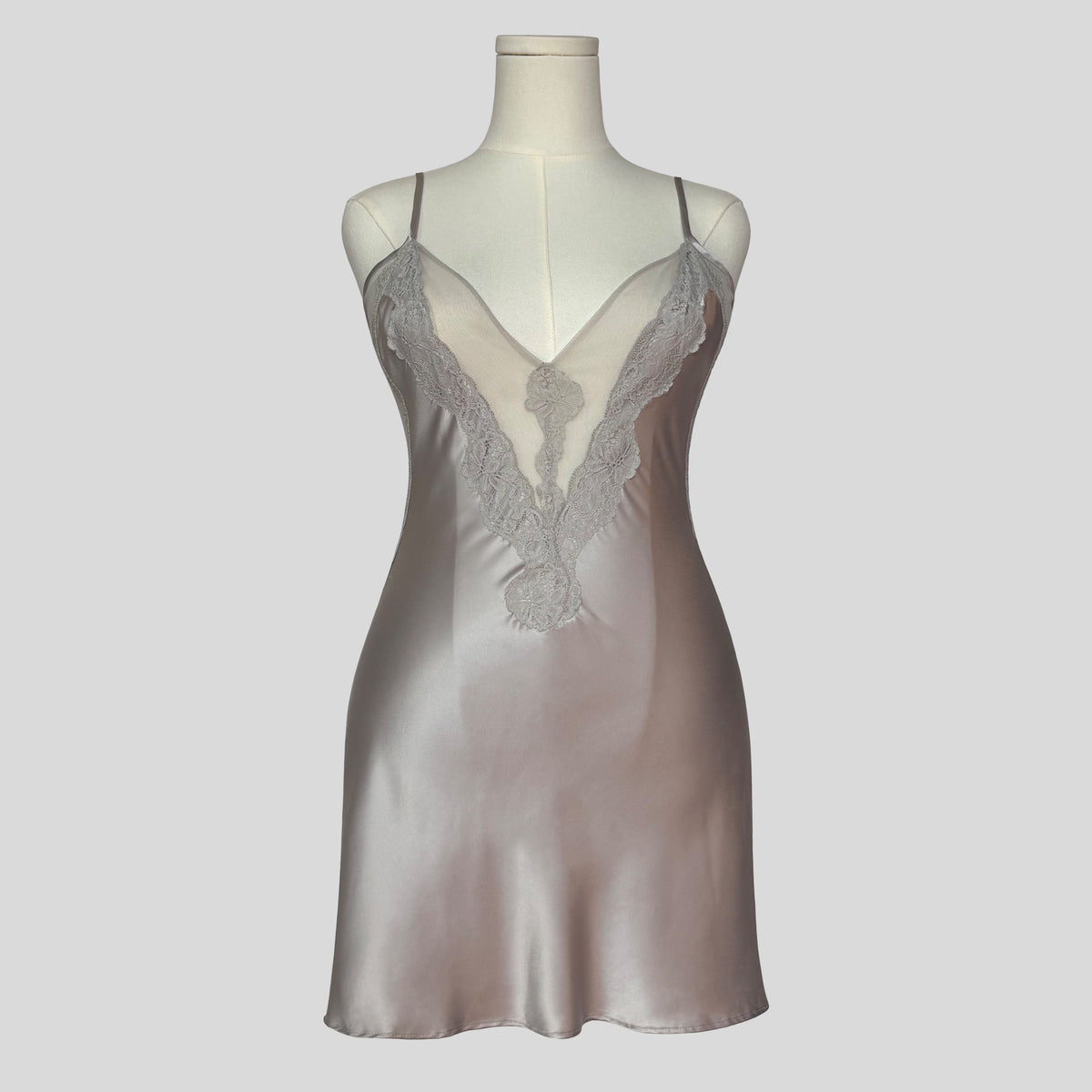 Plunging mesh neckline slip in grey
