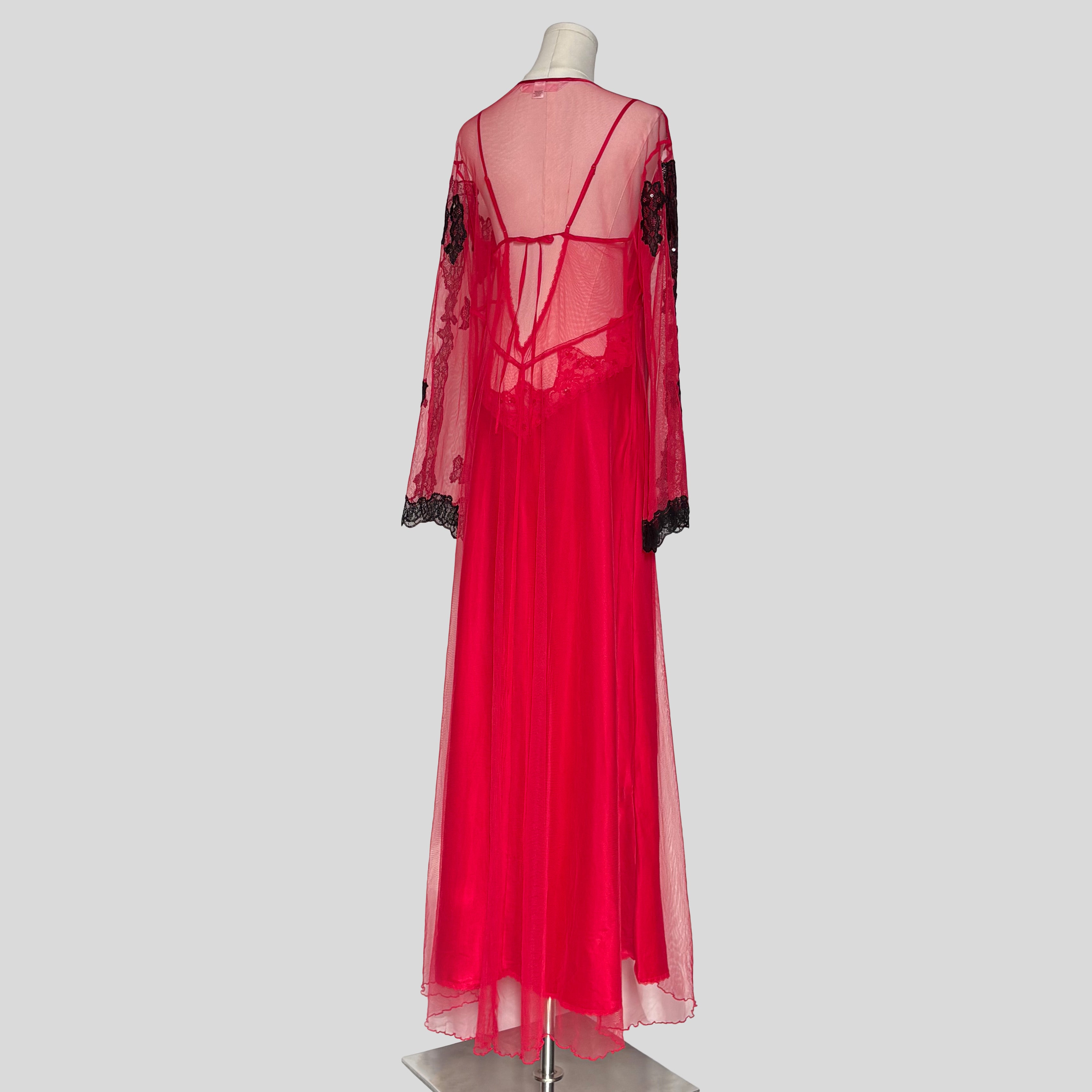 Backless silky gown and mesh robe set in red