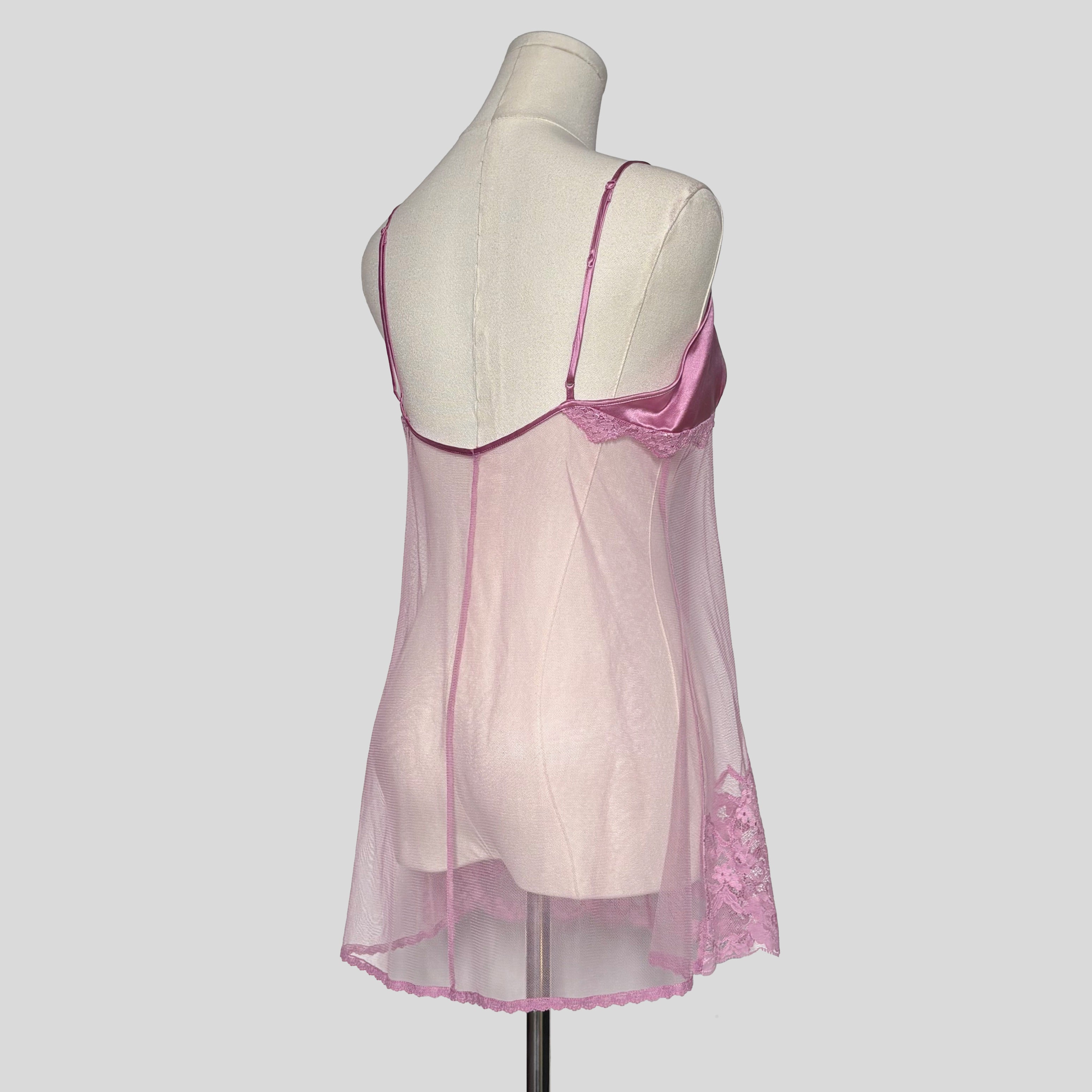 Sheer lace trim split front babydoll dress in pink