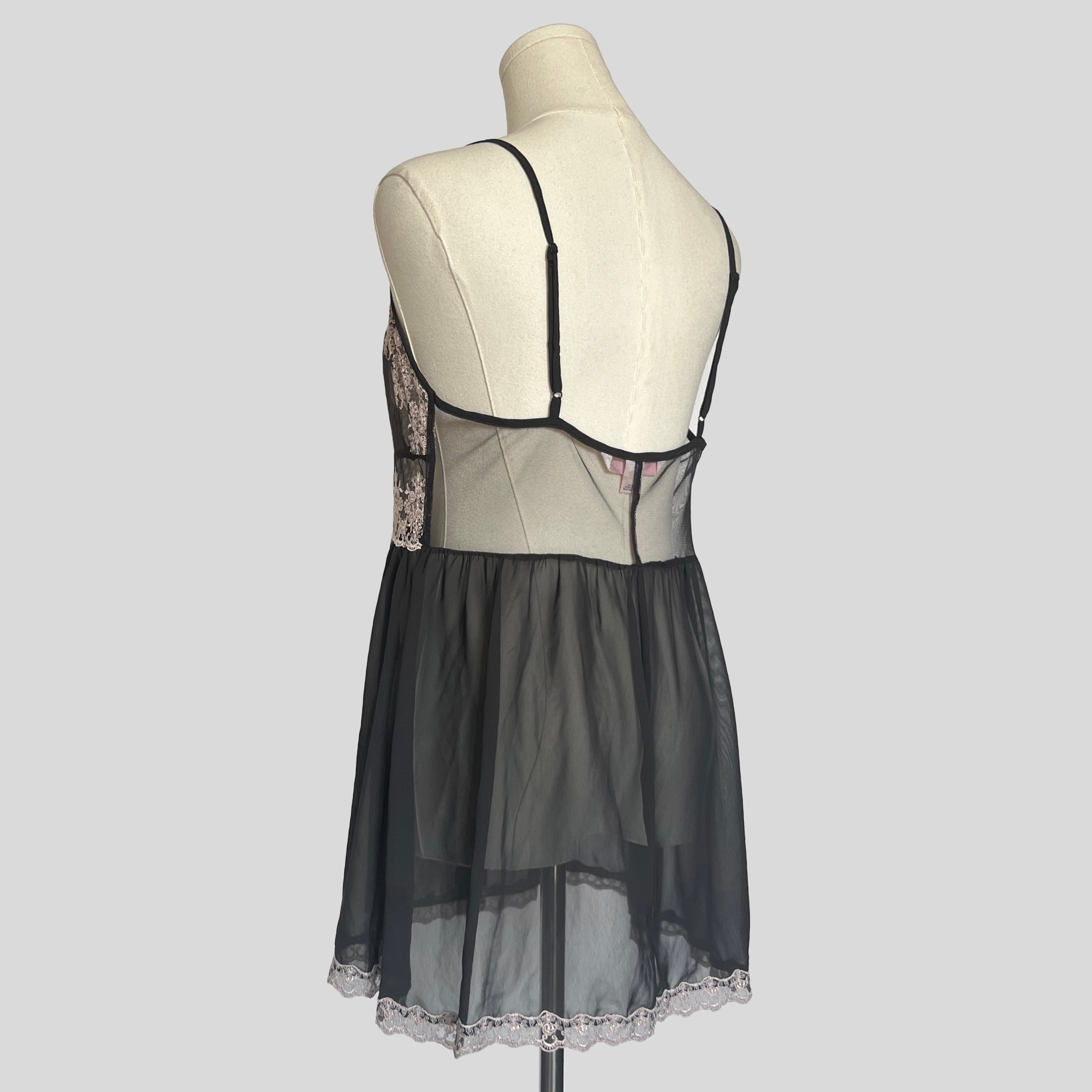 Sheer lace trim split front flyaway chemise in black