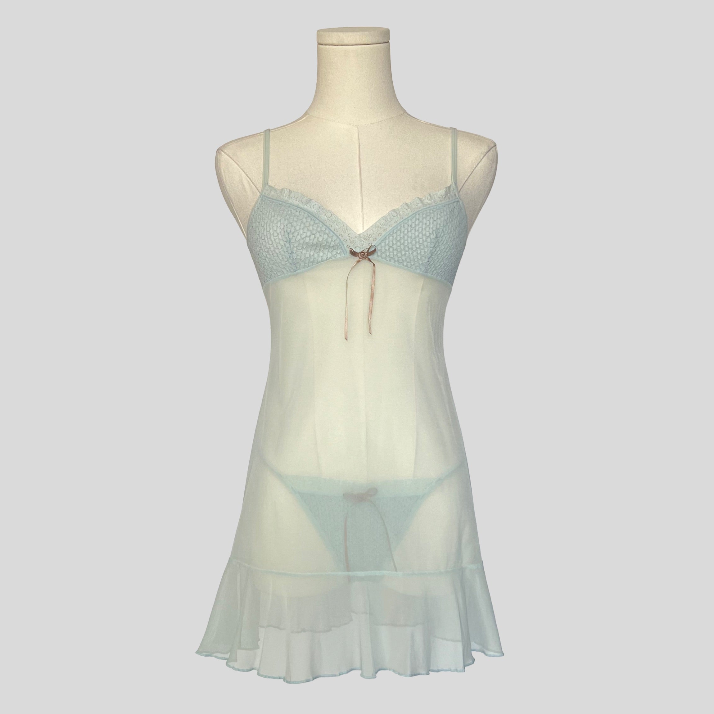 Textured bust ruffled slip dress with matching panties in blue