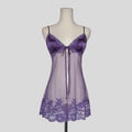 Sheer lace trim split front babydoll dress in purple