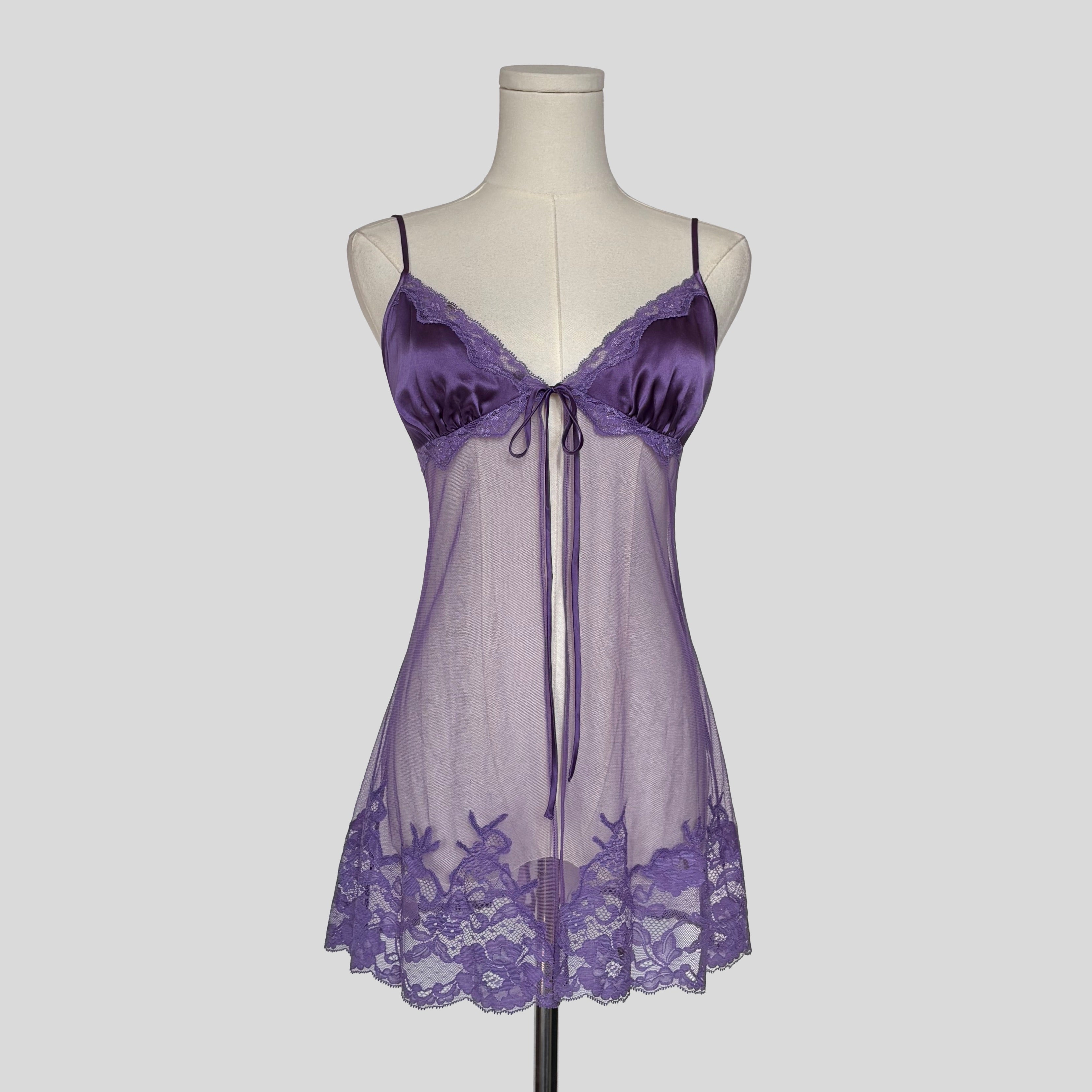 Sheer lace trim split front babydoll dress in purple
