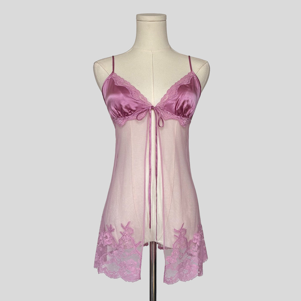 Sheer lace trim split front babydoll dress in pink
