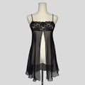 Sheer lace trim split front babydoll dress in black