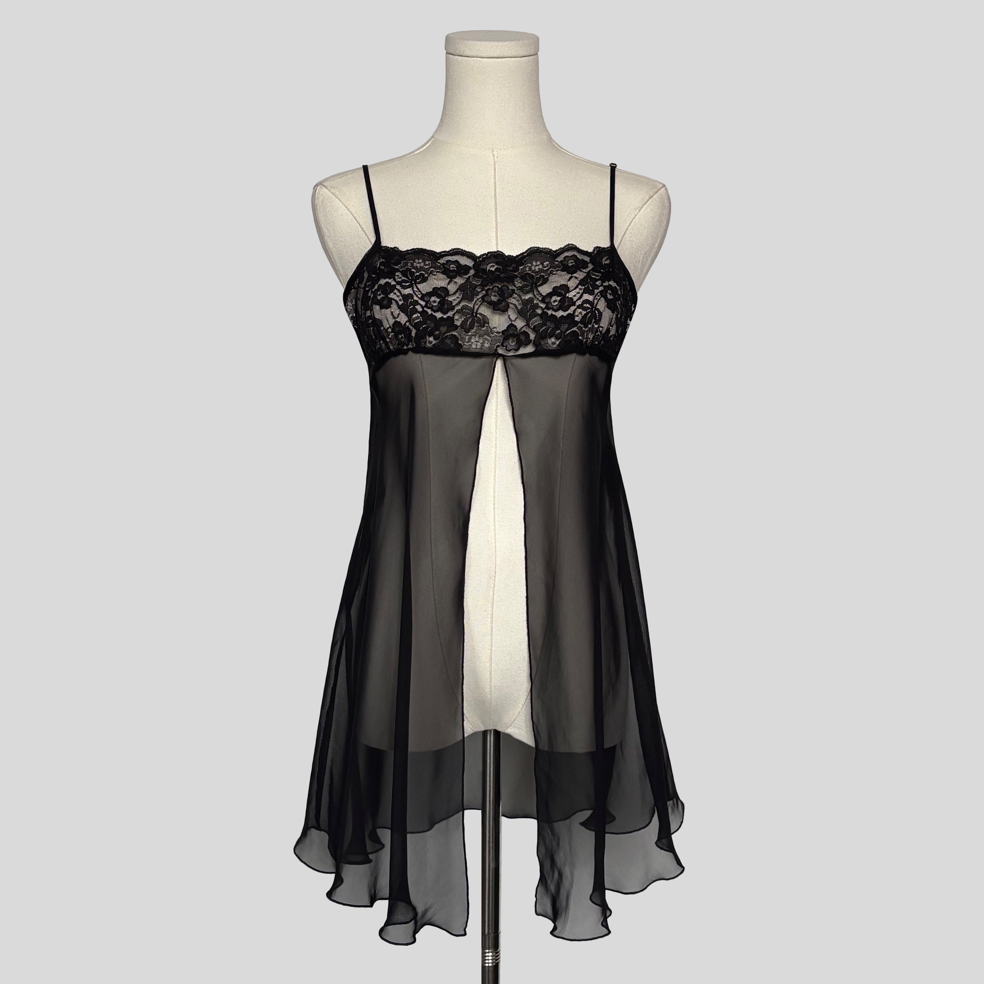 Sheer lace trim split front babydoll dress in black