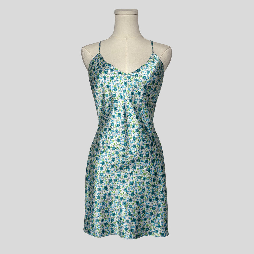 Backless silky floral slip dress