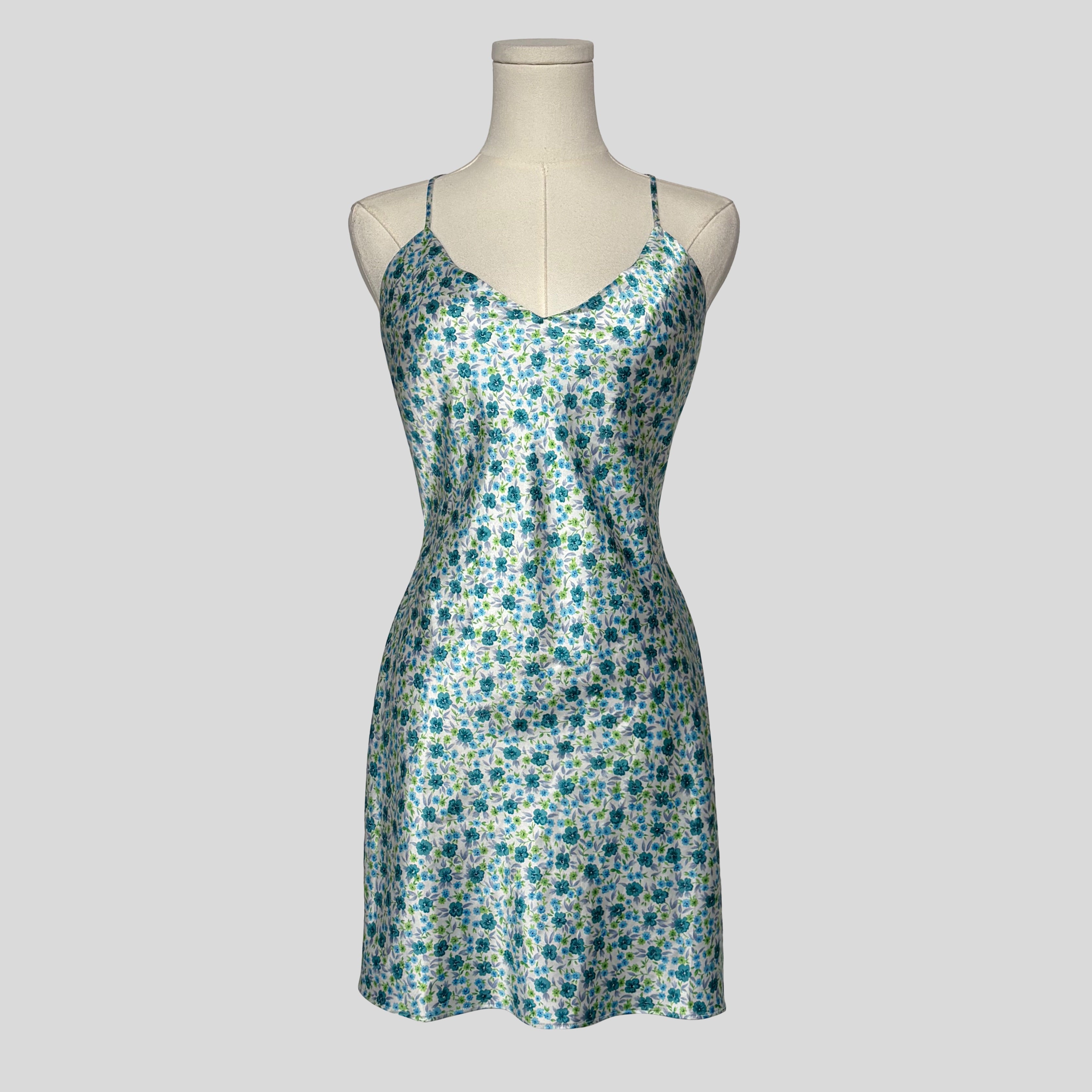 Backless silky floral slip dress