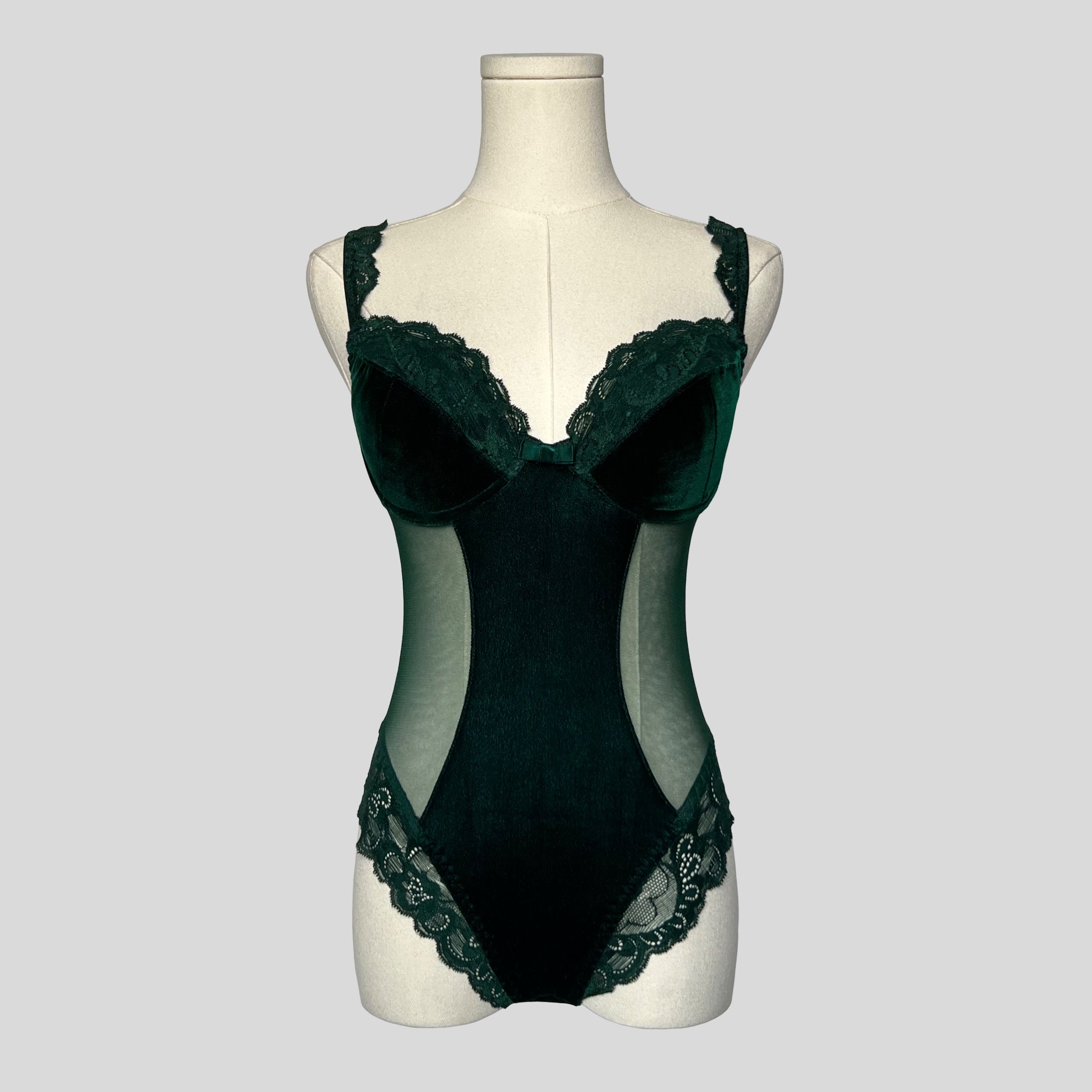 Velvet lace trim bodysuit in emerald