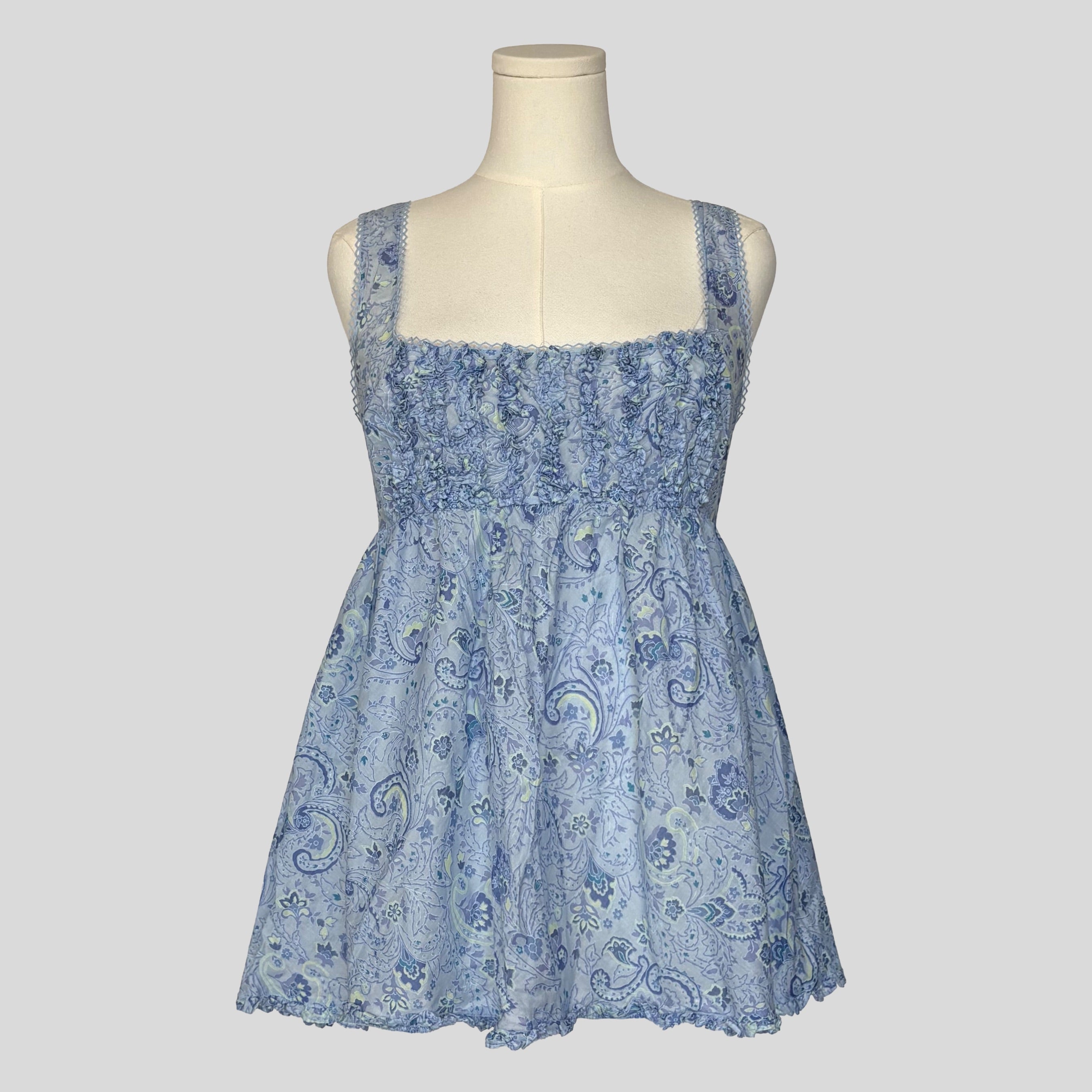 Country ruffled babydoll dress in blue floral