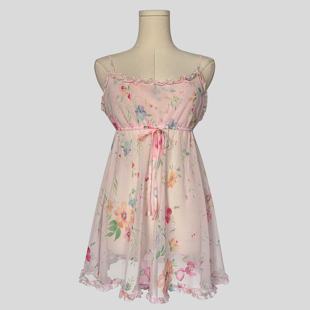 Sheer ruffled babydoll dress in pink floral