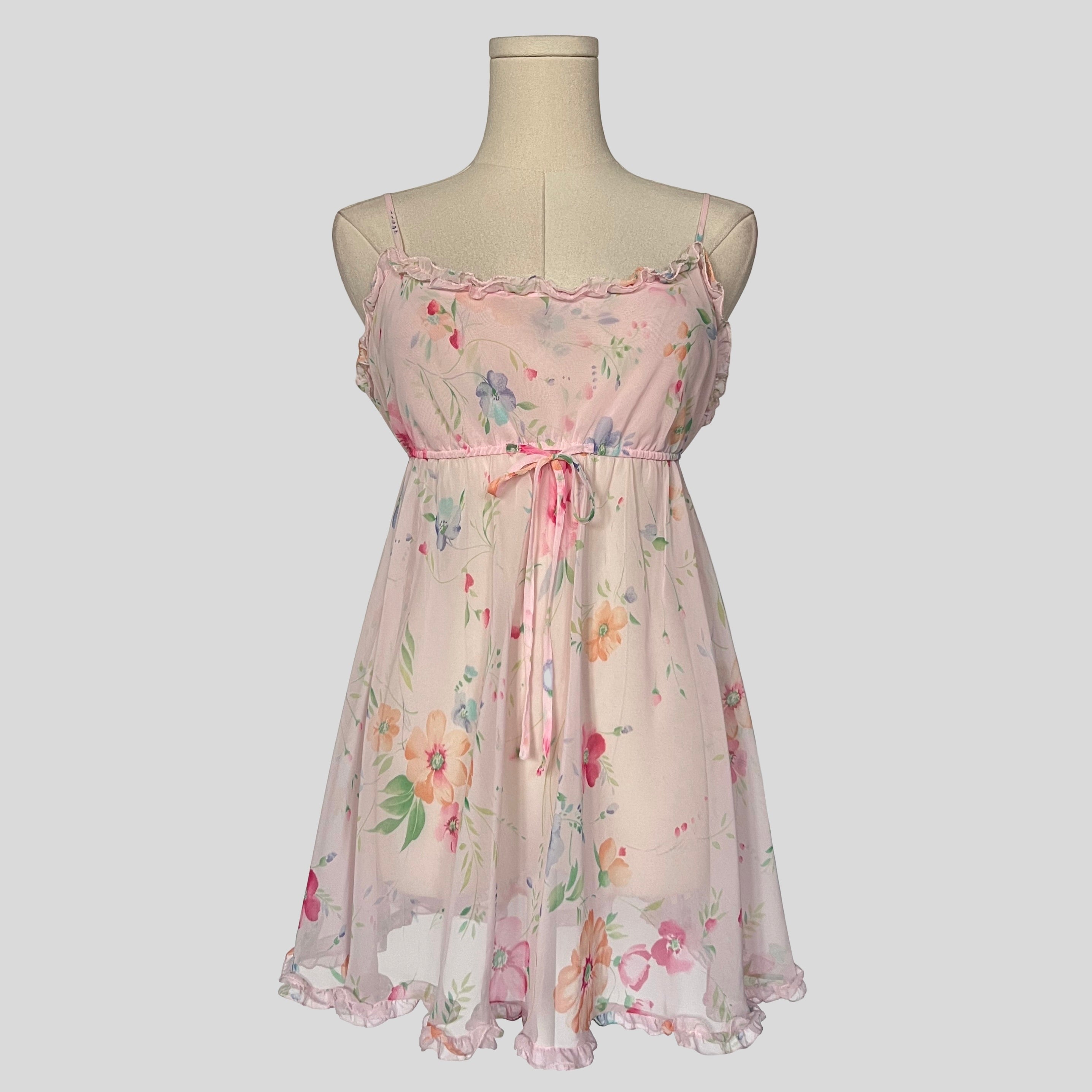 Sheer ruffled babydoll dress in pink floral