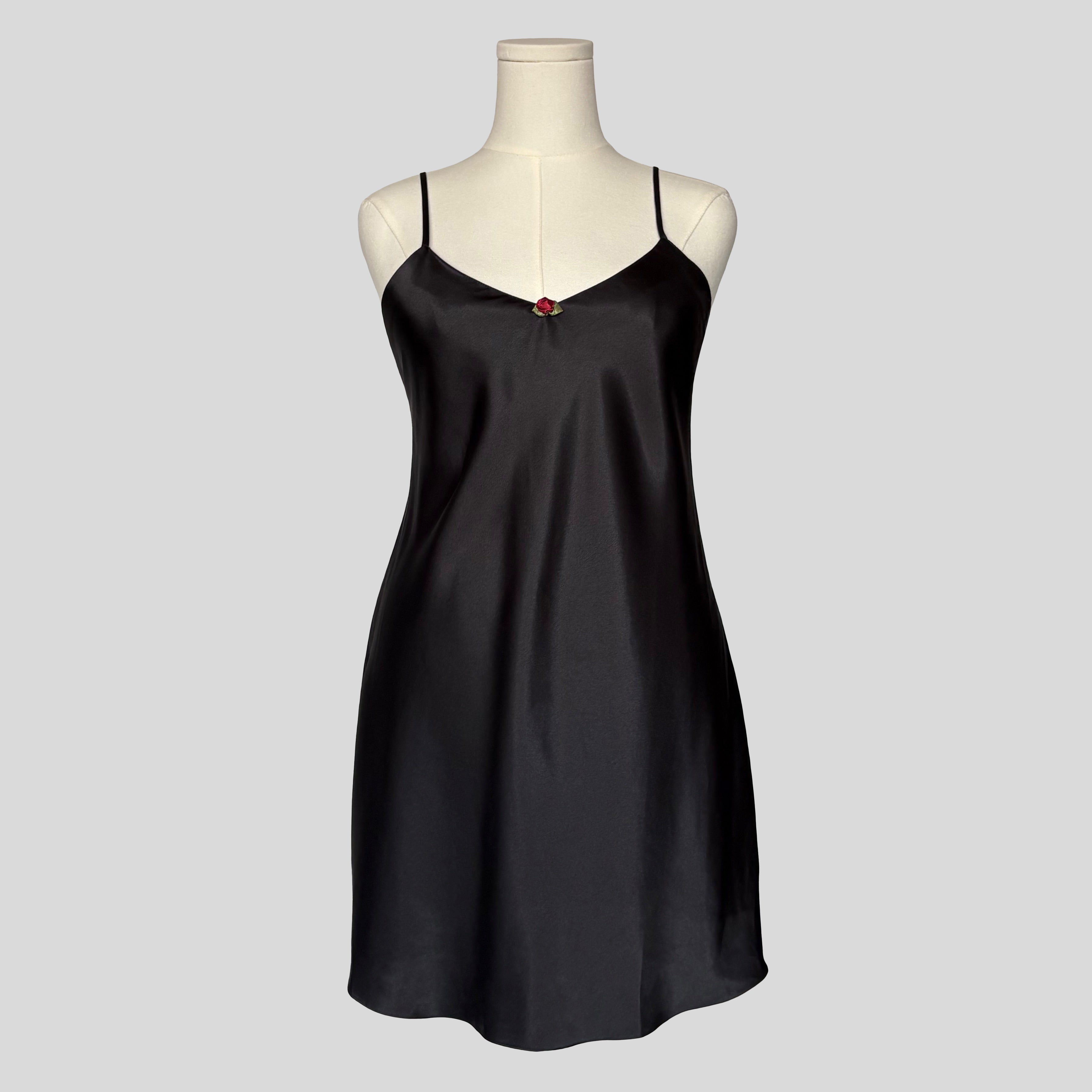Silky rosette slip dress in black