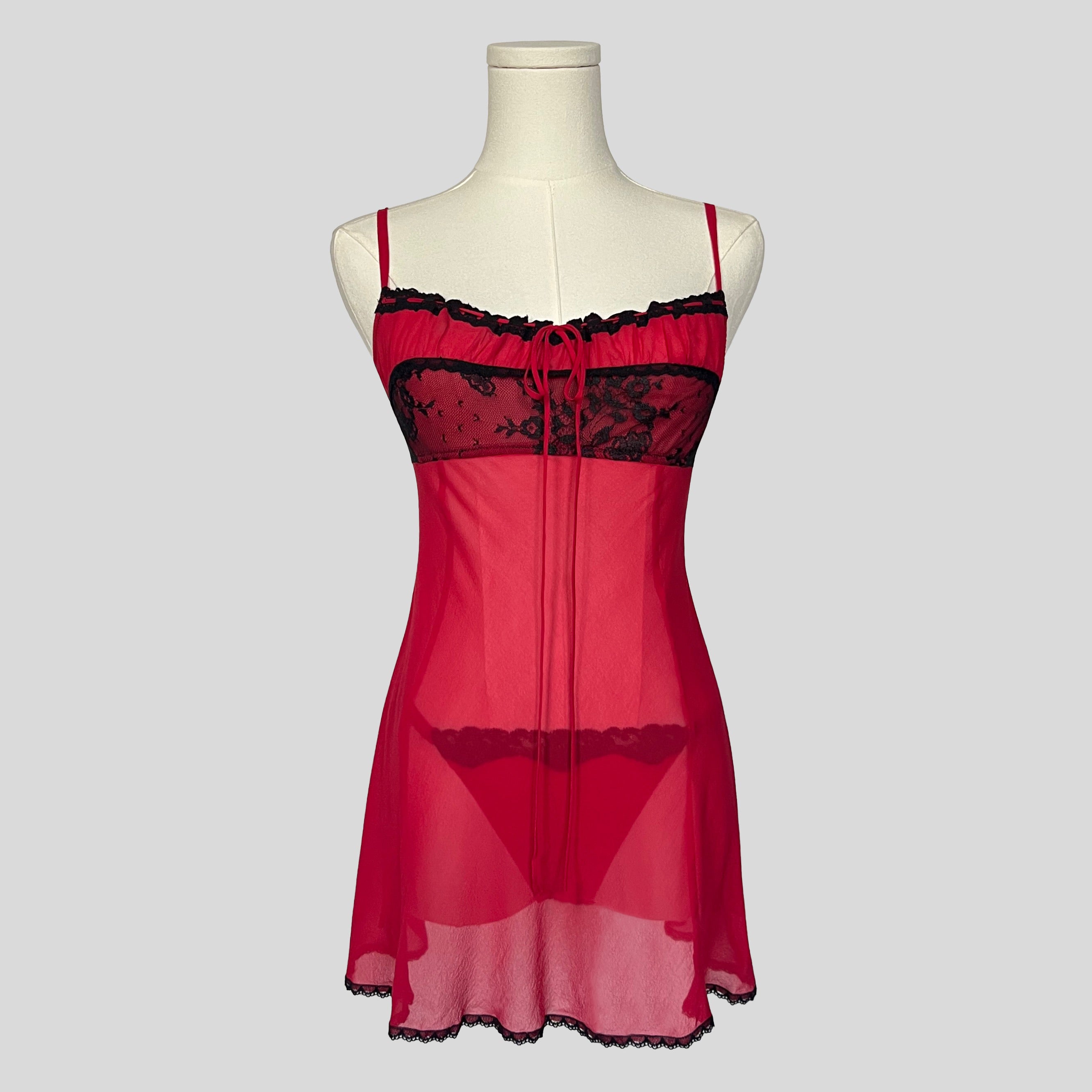 Milkmaid lace trim slip dress with matching panties in red