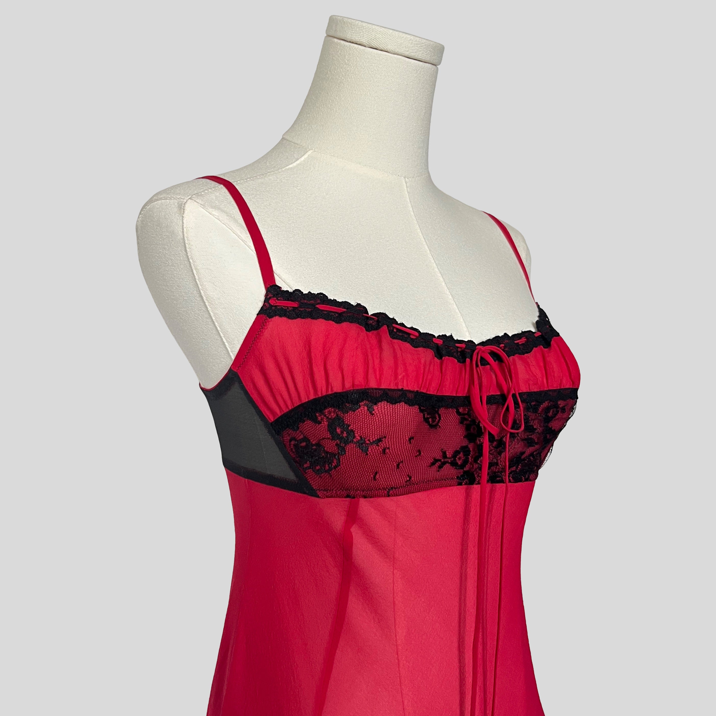 Milkmaid lace trim slip dress with matching panties in red