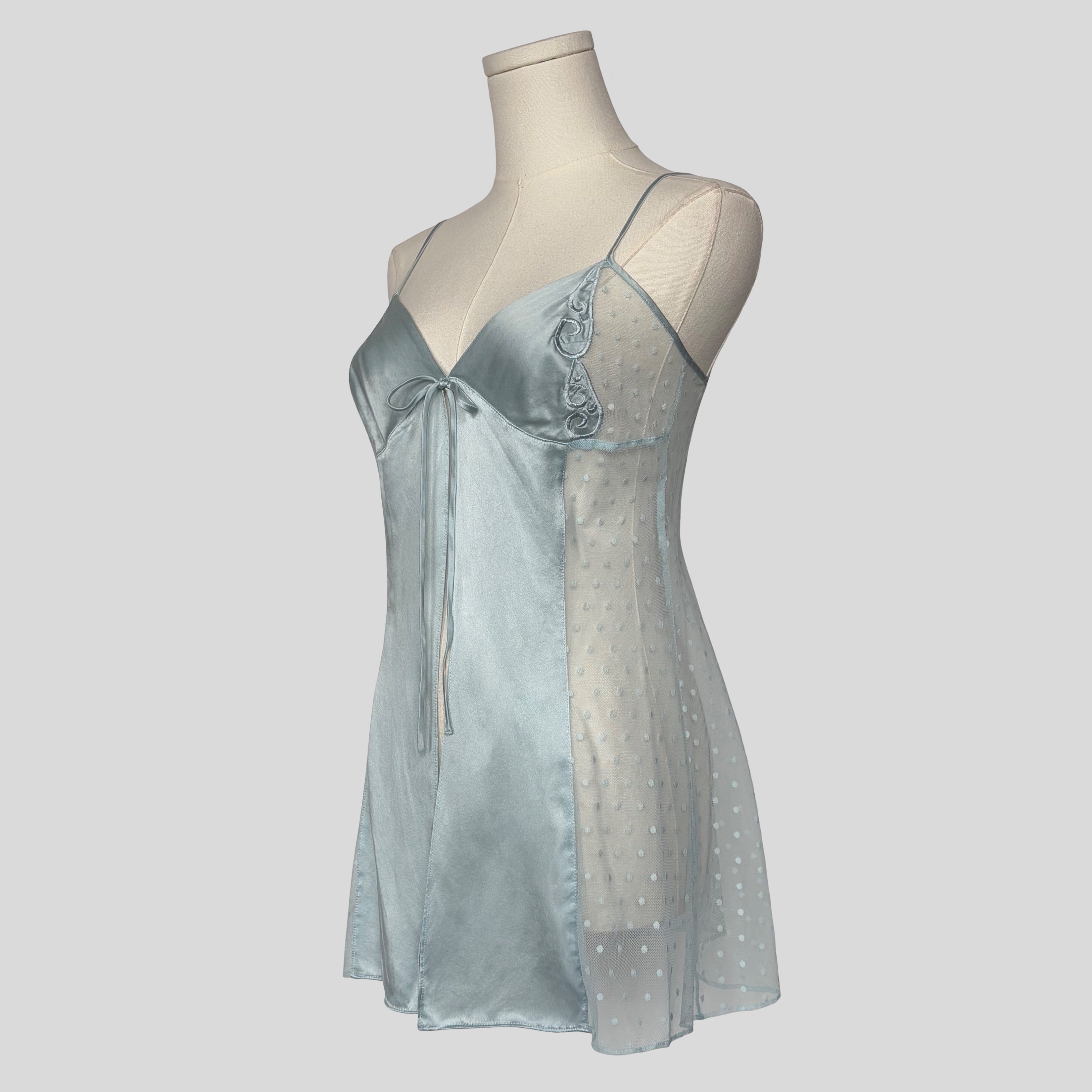 Polka dot mesh flyaway babydoll chemise in blue