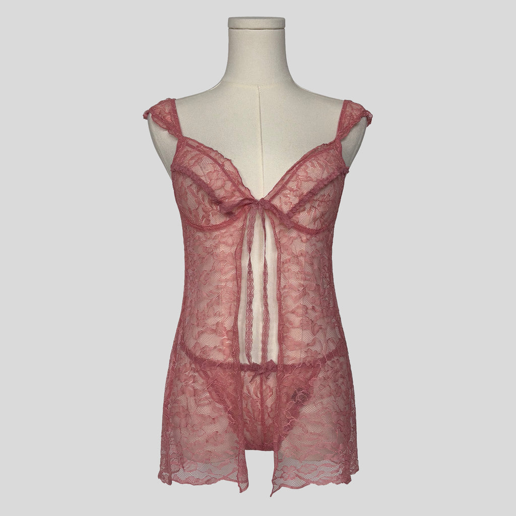 Sheer lace split front babydoll dress with matching panties