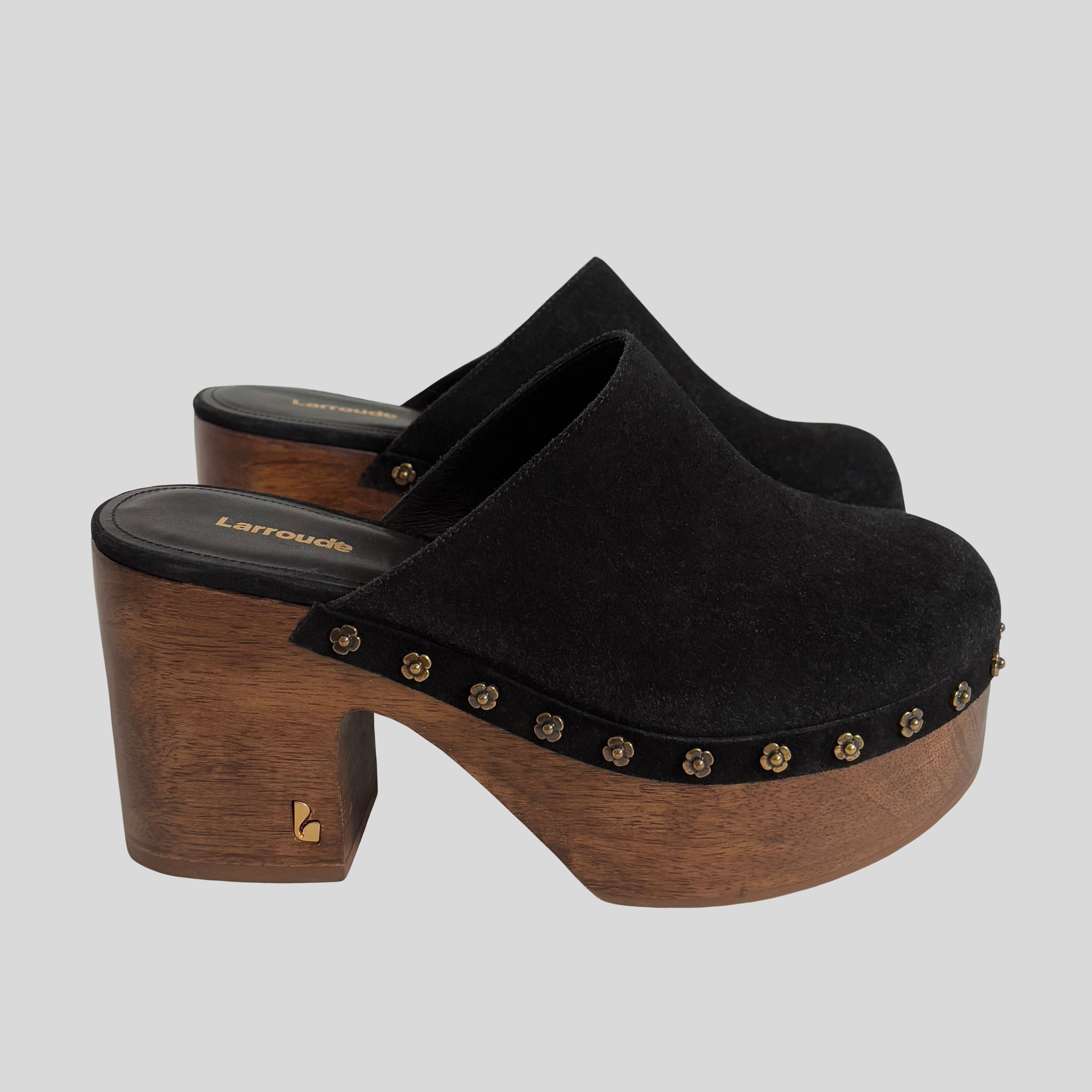 Larroude Miso Wooden Platform Clog In Black Suede - size 8.5